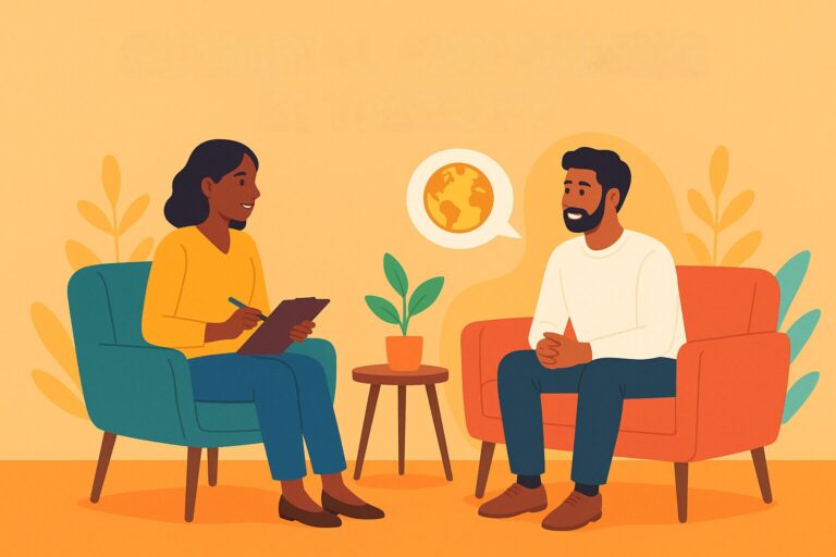 Cultural Awareness in CBT Therapy: Diversity and Mental Health 1 Illustration of a diverse therapist and client in a cheerful, welcoming therapy room discussing cultural awareness in mental health